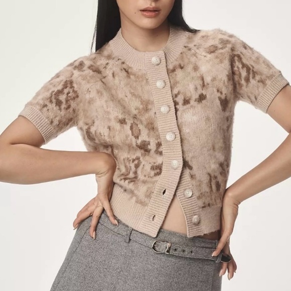 Anthropologie Sweaters - Anthropologie Women Cropped Short Sleeve Cardigan Animal Print Sweater SZ XL NEW